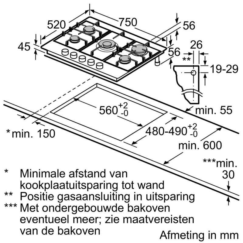 Bosch PGQ7B5B90 - Serie 4 - Gaskookplaat - 75 cm - Inox